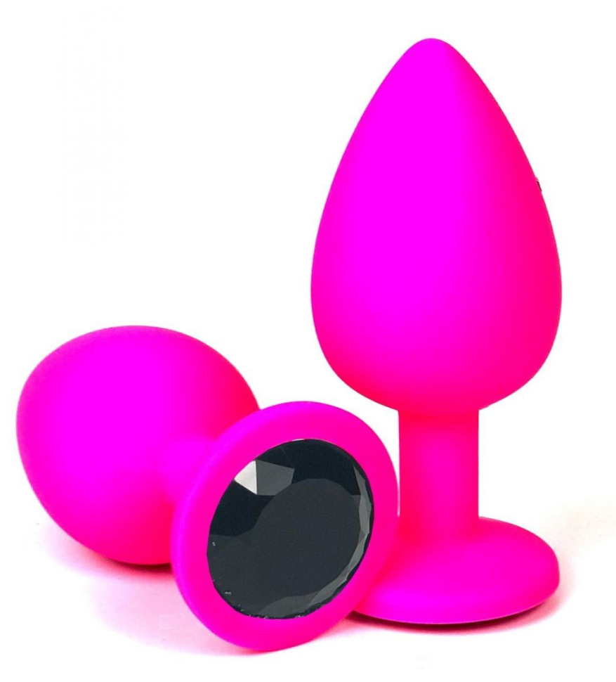 Розовая силиконовая пробка с черным кристаллом - 7 см. купить в секс шопе