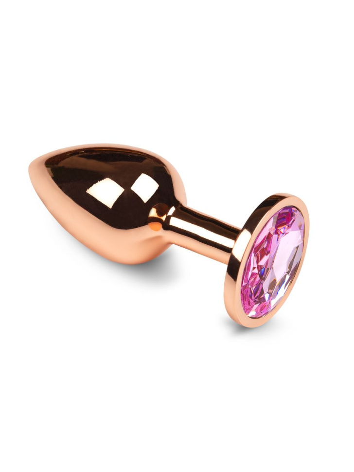 Маленькая золотистая анальная пробка с розовым кристаллом - 6 см. купить в секс шопе