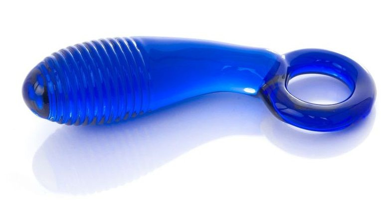 Синий анальный стимулятор из стекла с ручкой-кольцом - 11,6 см. купить в секс шопе