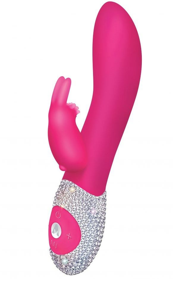 Ярко-розовый вибромассажёр с клиторальным отростком и отделанной стразами рукоятью The Classic Rabbit - 22 см. купить в секс шопе