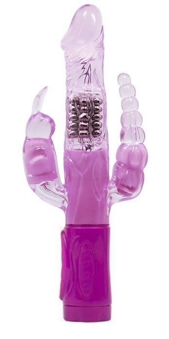 Фиолетовый вибратор-ротатор с анальным и клиторальным стимуляторами - 22,3 см. купить в секс шопе