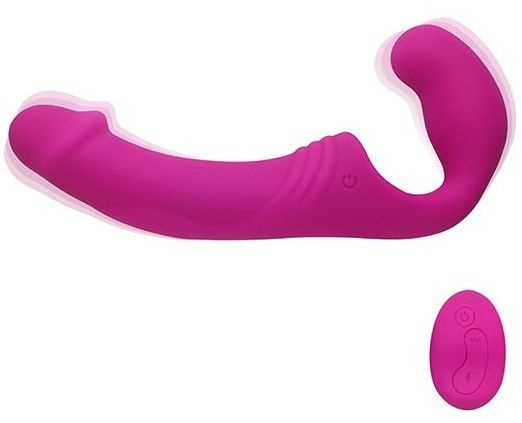 Розовый безремневой вибрострапон с пультом - 21,5 см. купить в секс шопе
