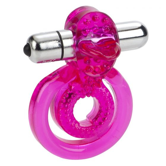 Ярко-розовое эрекционное кольцо с вибропулей Dual Clit Flicker купить в секс шопе