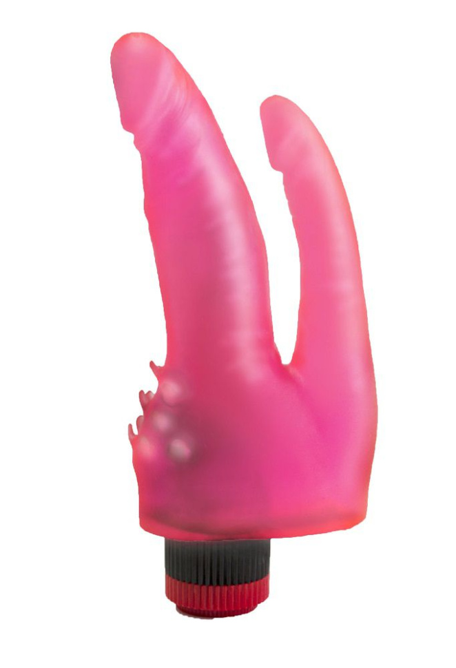 Двойной розовый вибромассажёр с шипами у основания - 17 см. купить в секс шопе