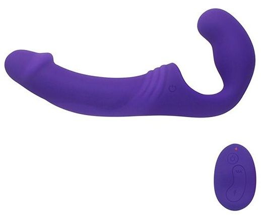 Фиолетовый безремневой вибрострапон с пультом - 21,5 см. купить в секс шопе