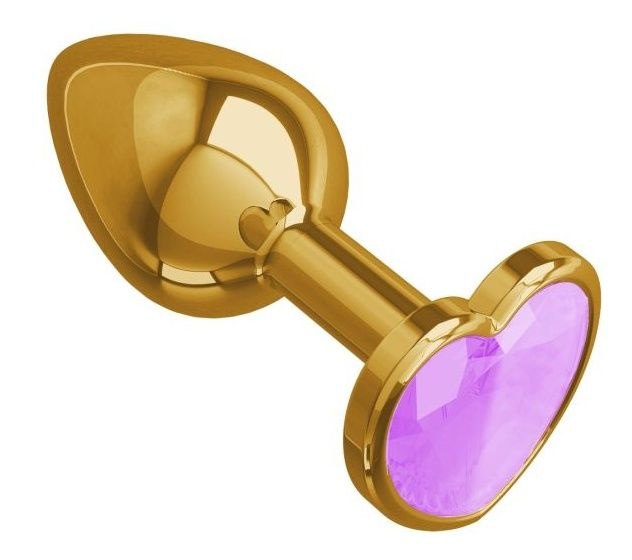 Золотистая анальная пробка с сиреневым кристаллом-сердцем - 7 см. купить в секс шопе