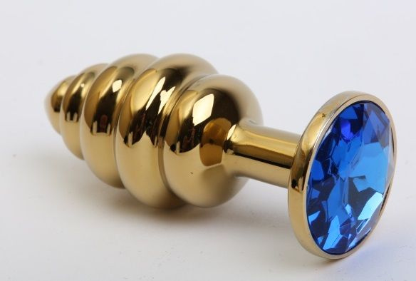 Золотистая рифлёная пробка с синим стразом - 8,2 см. купить в секс шопе