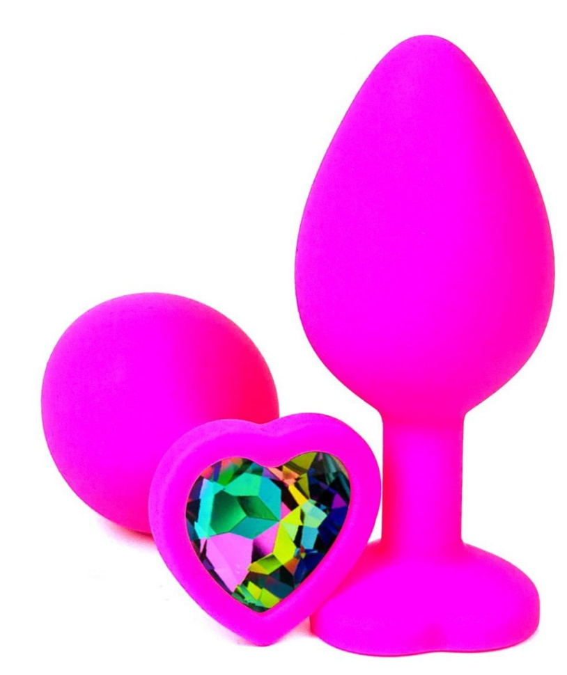 Розовая силиконовая пробка с разноцветным кристаллом-сердечком - 8 см. купить в секс шопе