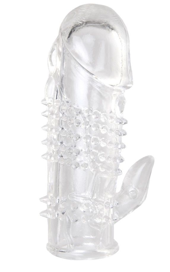 Прозрачная гелевая насадка с шипами и клиторальным отростком - 13 см. купить в секс шопе