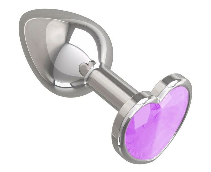 Серебристая анальная втулка с сиреневым кристаллом-сердцем - 7 см. купить в секс шопе