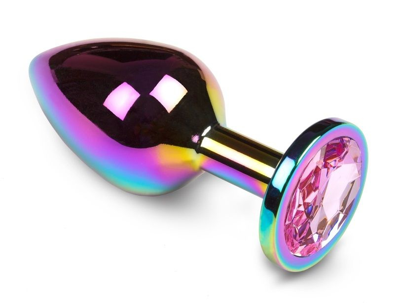 Радужная анальная пробка с розовым кристаллом - 7 см. купить в секс шопе