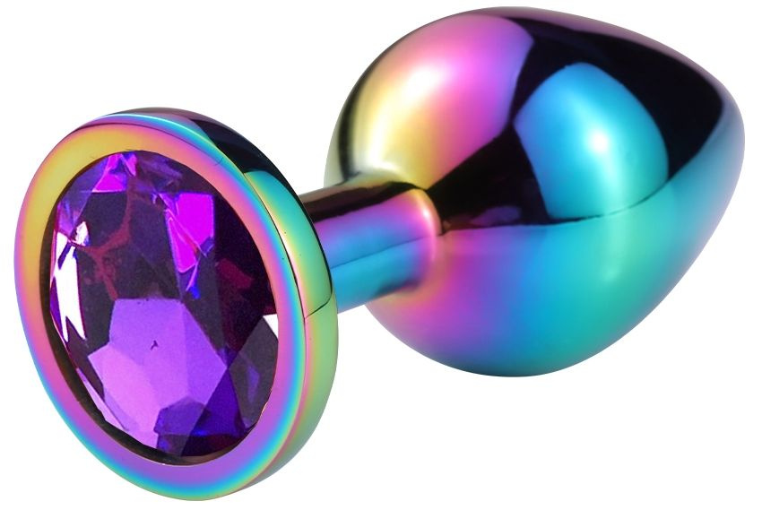 Разноцветная гладкая анальная пробка с фиолетовым кристаллом - 9,5 см. купить в секс шопе