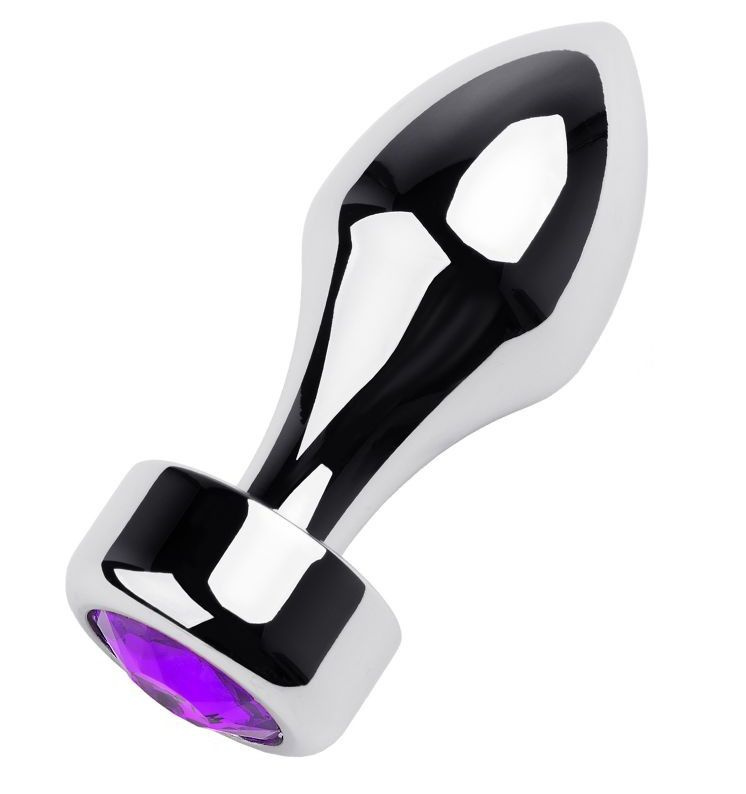 Серебристая каплевидная пробка с фиолетовым кристаллом - 7,5 см. купить в секс шопе