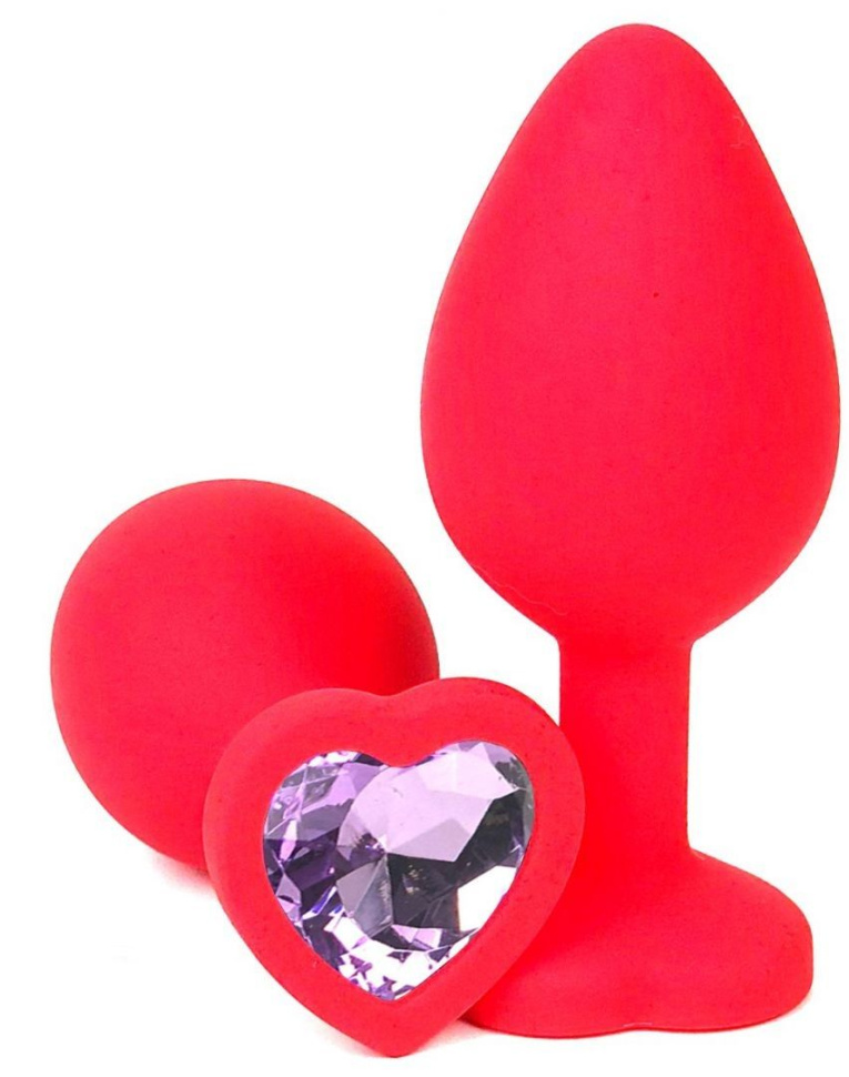 Красная силиконовая пробка с сиреневым кристаллом-сердечком - 7 см. купить в секс шопе