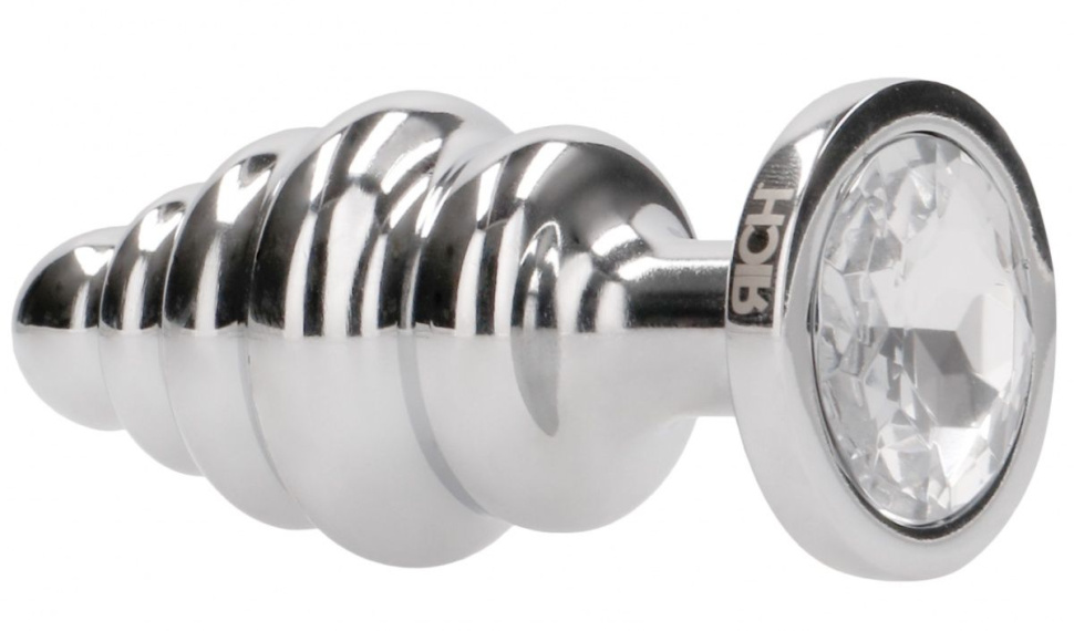 Серебристая анальная пробка с прозрачным кристаллом Ribbed Diamond Plug - 7,3 см. купить в секс шопе