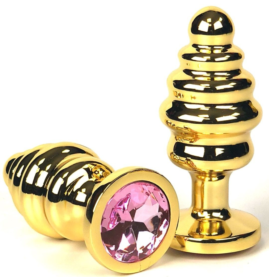Золотистая ребристая анальная пробка с нежно-розовым кристаллом - 6 см. купить в секс шопе