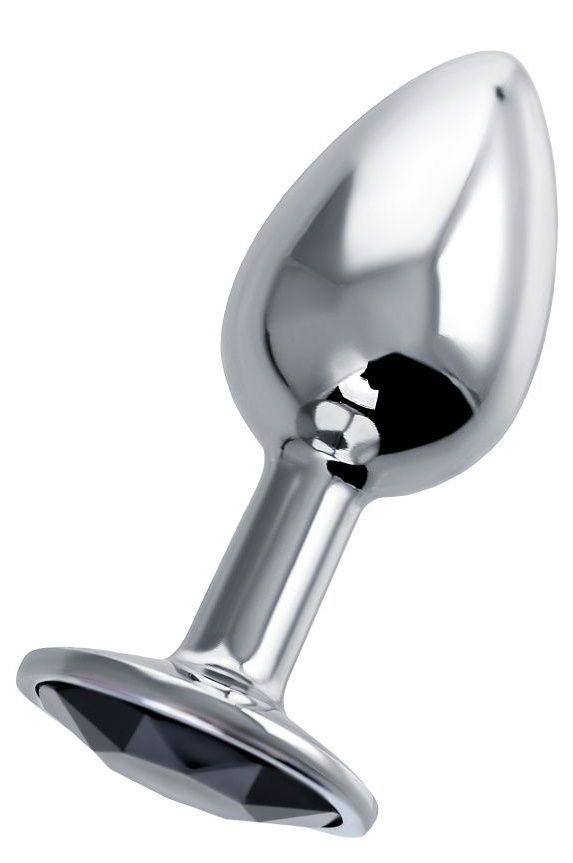Серебристая гладкая коническая анальная пробка с черным кристаллом - 7 см. купить в секс шопе