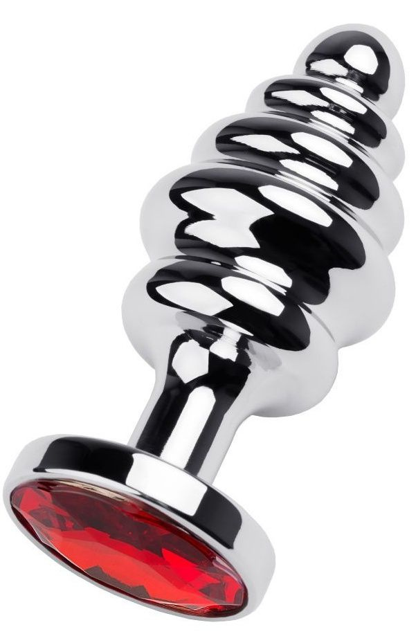 Серебристая анальная пробка-елочка с красным кристаллом - 7 см. купить в секс шопе