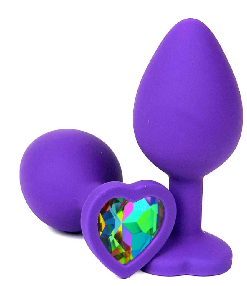 Фиолетовая силиконовая пробка с разноцветным кристаллом-сердечком - 9,5 см. купить в секс шопе