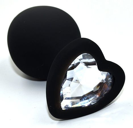 Черная анальная силиконовая пробка с прозрачным кристаллом в форме сердца - 8,8 см. купить в секс шопе