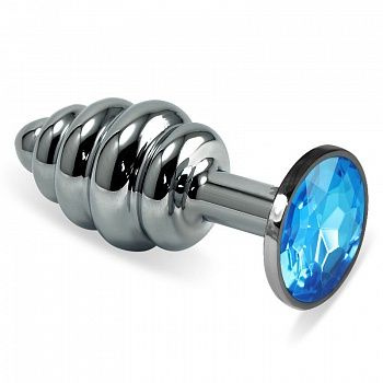 Серебристая фигурная анальная пробка с голубым кристаллом - 8,5 см. купить в секс шопе