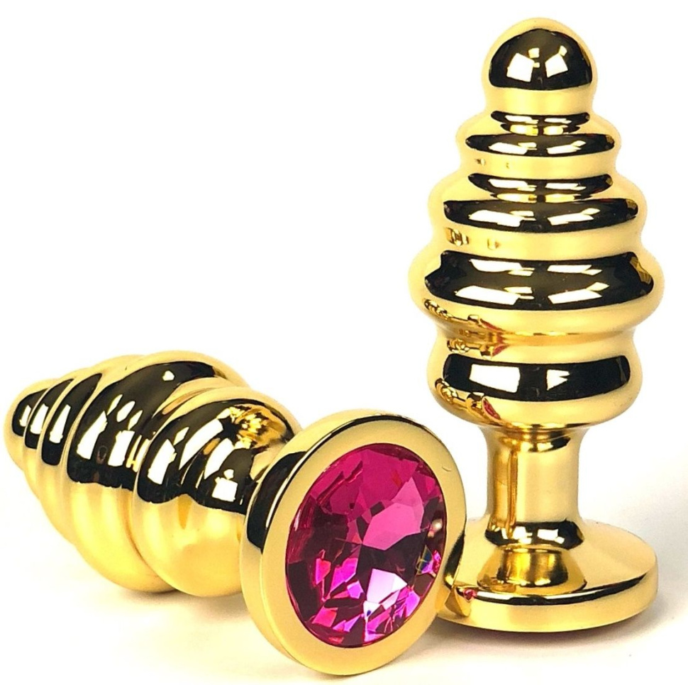 Золотистая ребристая анальная пробка с розовым кристаллом - 6 см. купить в секс шопе