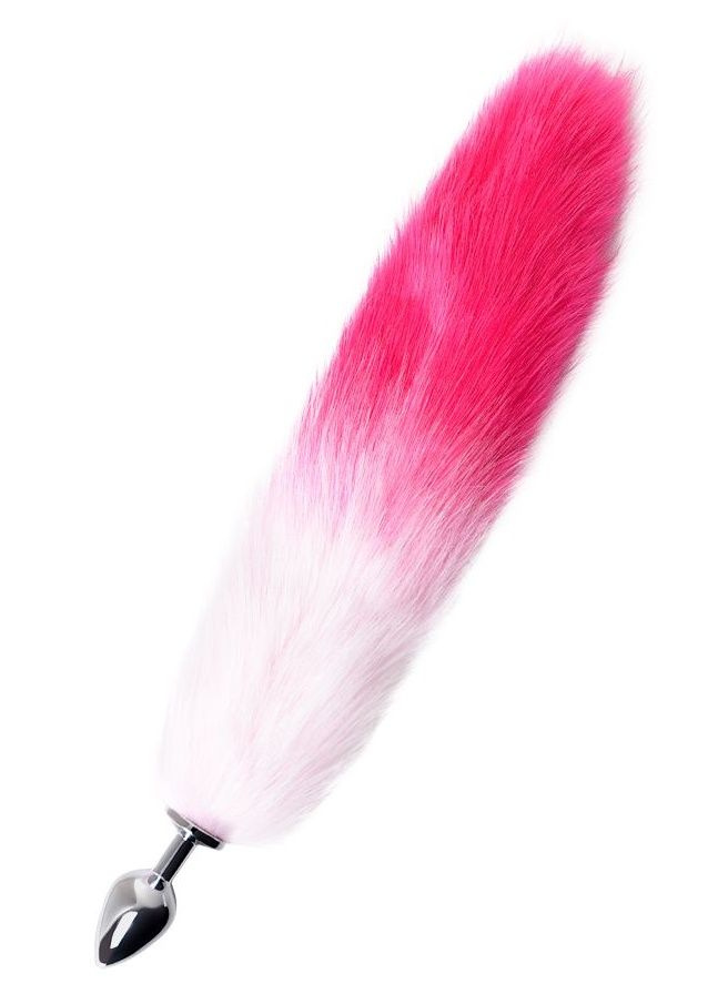 Серебристая анальная втулка с бело-розовым хвостом - размер S купить в секс шопе