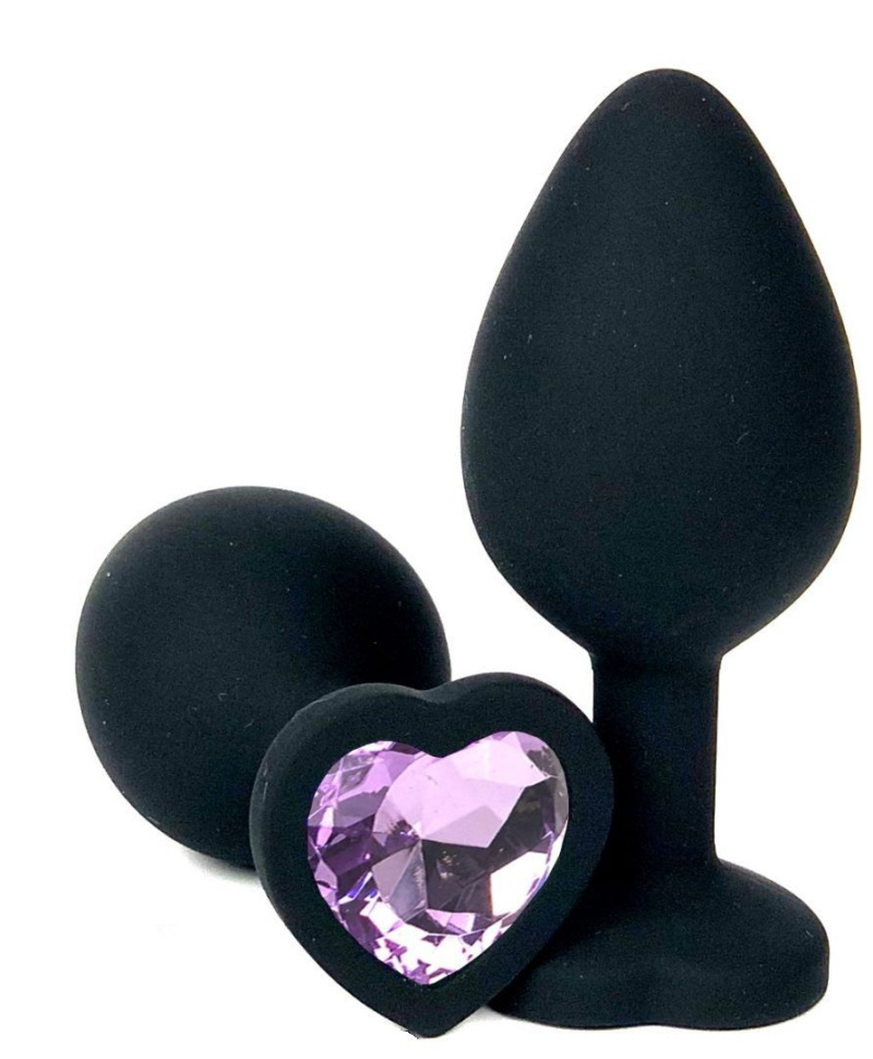 Черная силиконовая пробка с сиреневым кристаллом-сердечком - 9,5 см. купить в секс шопе