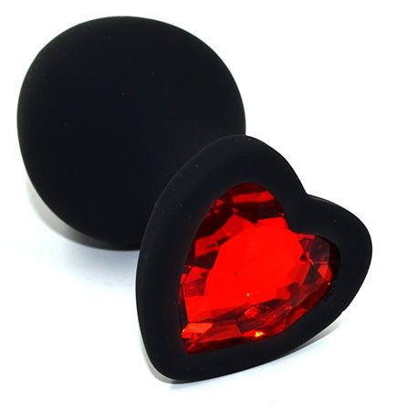 Черная анальная силиконовая пробка с красным кристаллом в форме сердца - 8,8 см.  купить в секс шопе