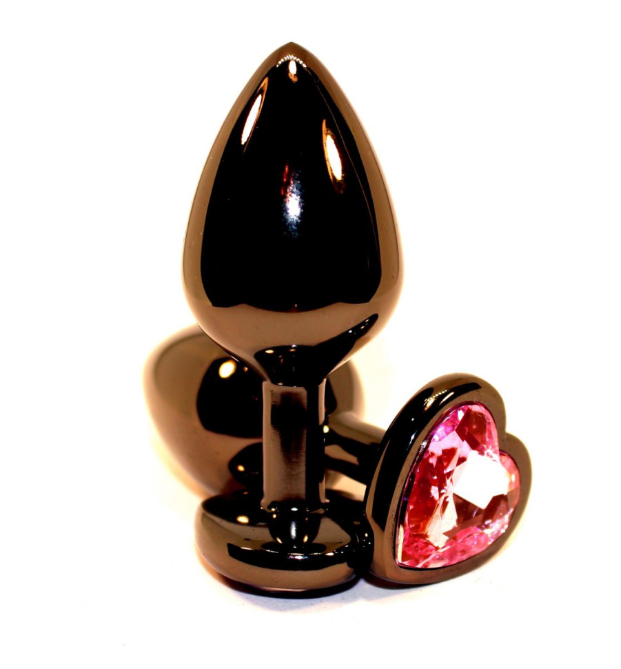 Чёрная анальная пробка с розовым стразом-сердцем - 8 см. купить в секс шопе
