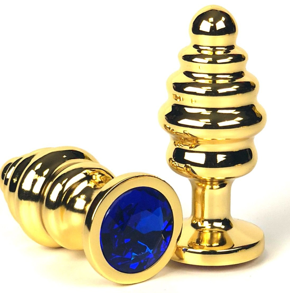 Золотистая ребристая анальная пробка с синим кристаллом - 6 см. купить в секс шопе