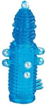 Голубая эластичная насадка на пенис с жемчужинами, точками и шипами Pearl Stimulator - 11,5 см. купить в секс шопе