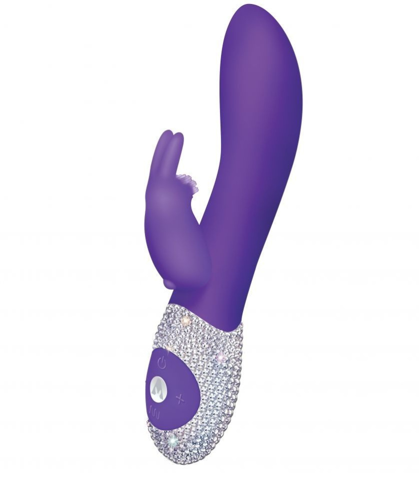 Фиолетовый вибромассажёр с клиторальным отростком и отделанной стразами рукоятью The Classic Rabbit - 22 см. купить в секс шопе