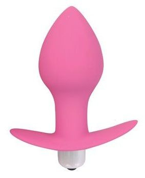 Розовая коническая анальная вибровтулка с ограничителем - 8 см. купить в секс шопе