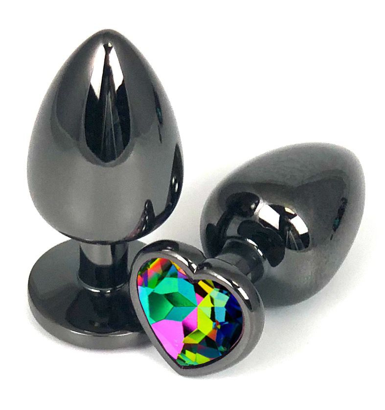 Черная анальная пробка Vander с разноцветным кристаллом-сердечком - 7,5 см. купить в секс шопе
