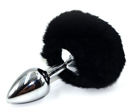 Серебристая округлая анальная пробка с заячьим хвостиком черного цвета - 11,5 см. купить в секс шопе