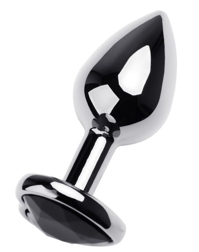Серебристая коническая анальная пробка с черным кристаллом-сердечком - 7 см.  купить в секс шопе