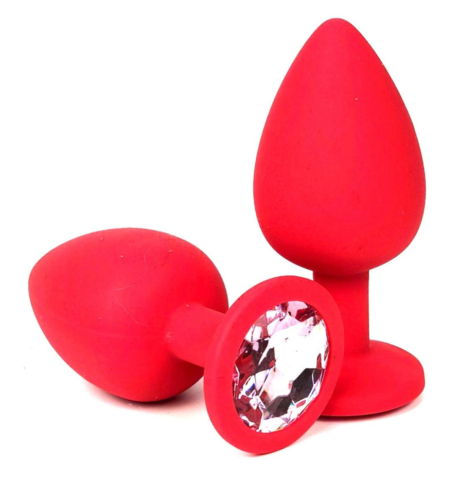 Красная силиконовая пробка с нежно-розовым кристаллом - 8 см. купить в секс шопе