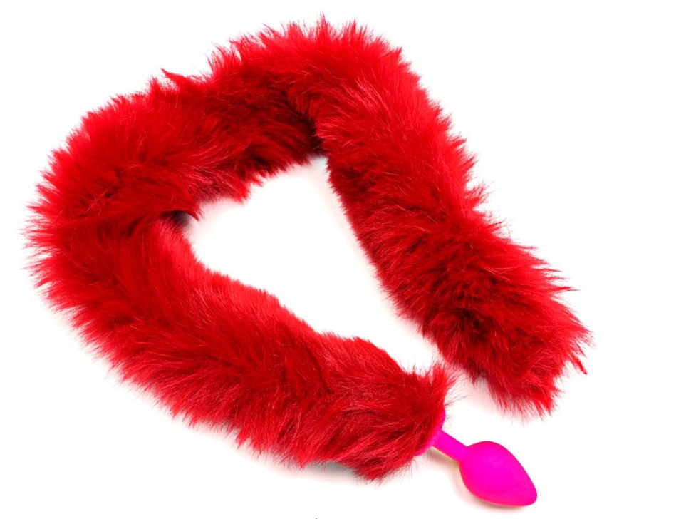 Розовая анальная пробка с красным длинным хвостом купить в секс шопе