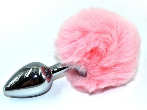 Серебристая округлая анальная пробка с заячьим хвостиком розового цвета - 11,5 см. купить в секс шопе