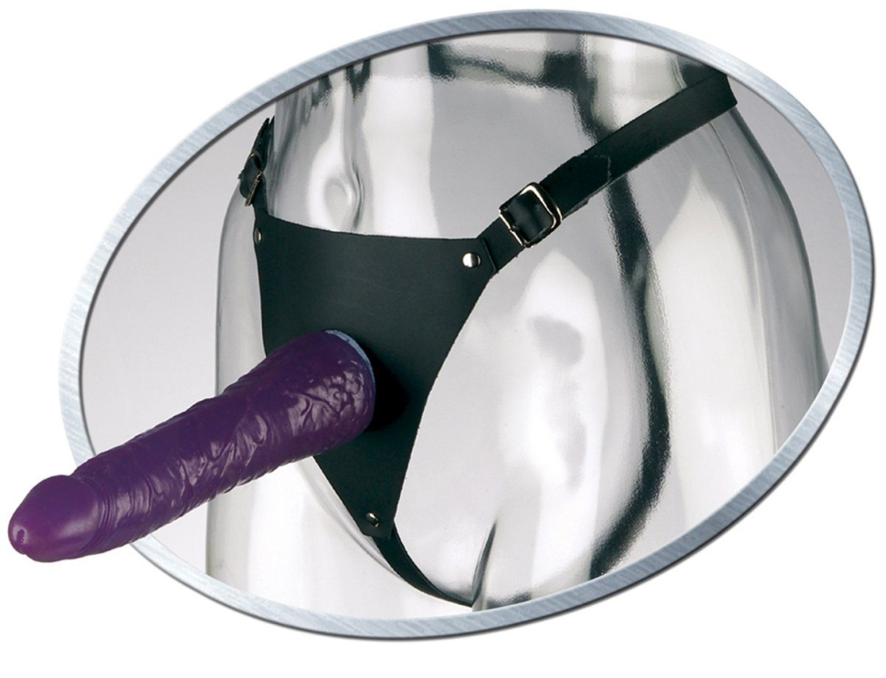 Фиолетовый женский страпон Leather Strap On Satisfy-Her - 19 см. купить в секс шопе