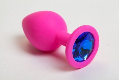 Розовая силиконовая пробка с синим кристаллом - 7 см. купить в секс шопе