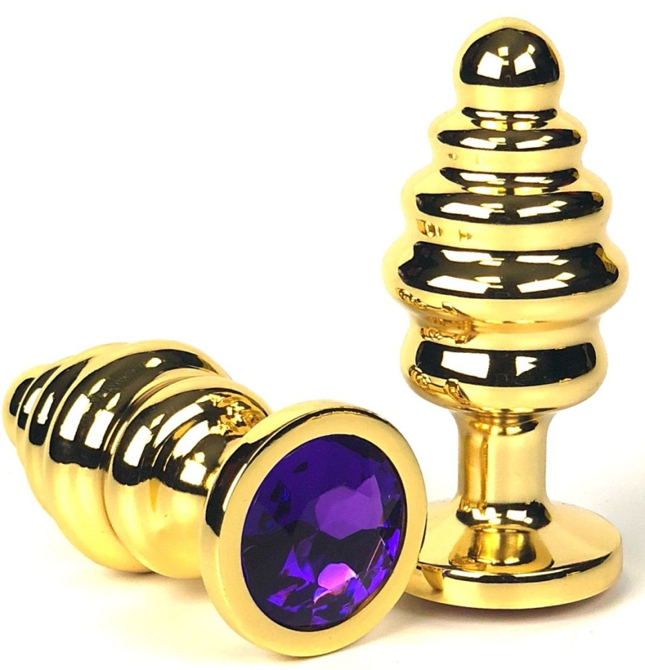 Золотистая ребристая анальная пробка с фиолетовым кристаллом - 6 см. купить в секс шопе