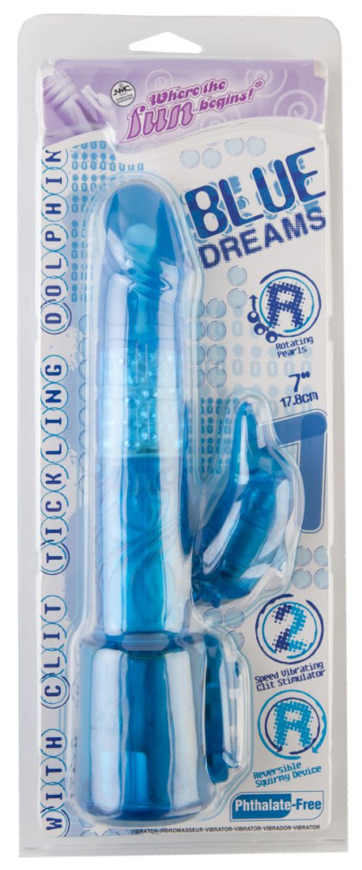 Синий вибратор с клиторальным стимулятором-дельфином - 17,8 см. купить в секс шопе