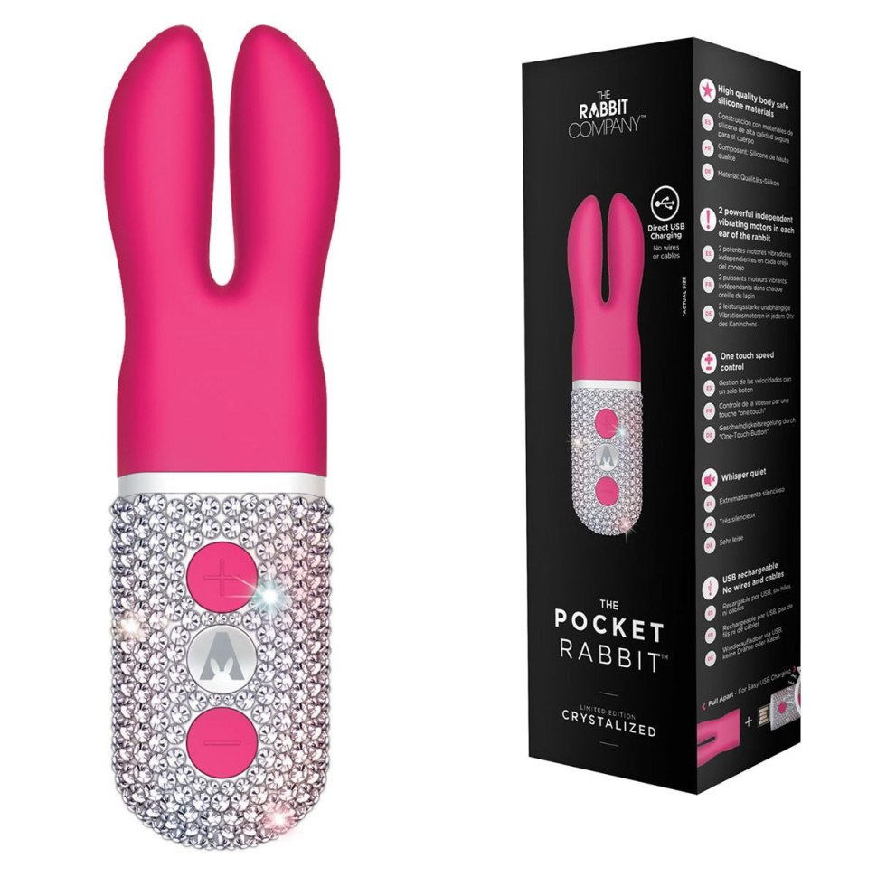 Розовый вибратор с ушками The Pocket Rabbit, украшенный кристаллами купить в секс шопе