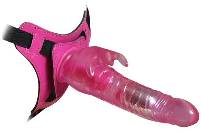 Розовый страпон 10 Mode Vibrations 8.5  Harness Rabbit Dong - 19 см. купить в секс шопе