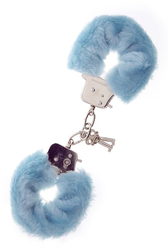 Голубые меховые наручники METAL HANDCUFF WITH PLUSH BLUE купить в секс шопе