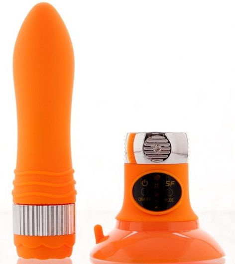 Оранжевый водонепроницаемый вибратор на присоске со сменной панелью управления - 19 см. купить в секс шопе