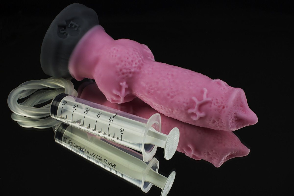 Розовый фаллоимитатор собаки  Акита  с эякуляцией - 25 см. купить в секс шопе