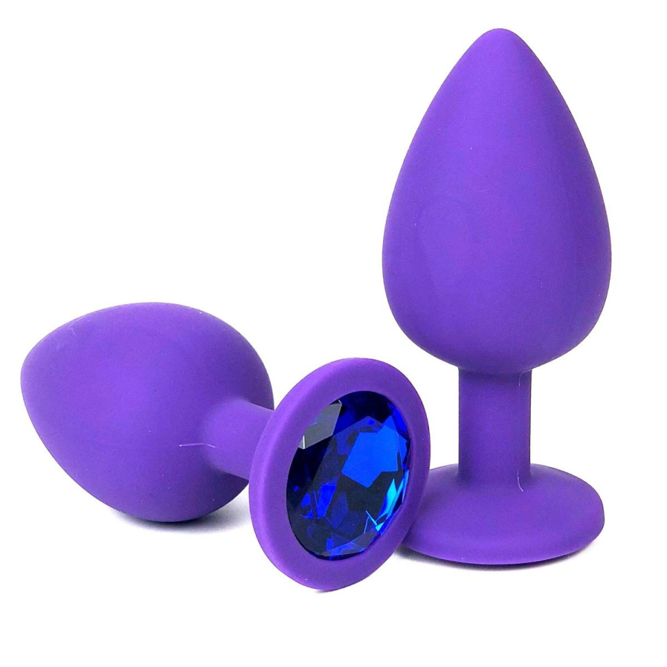 Фиолетовая анальная пробка с синим стразом - 8 см. купить в секс шопе